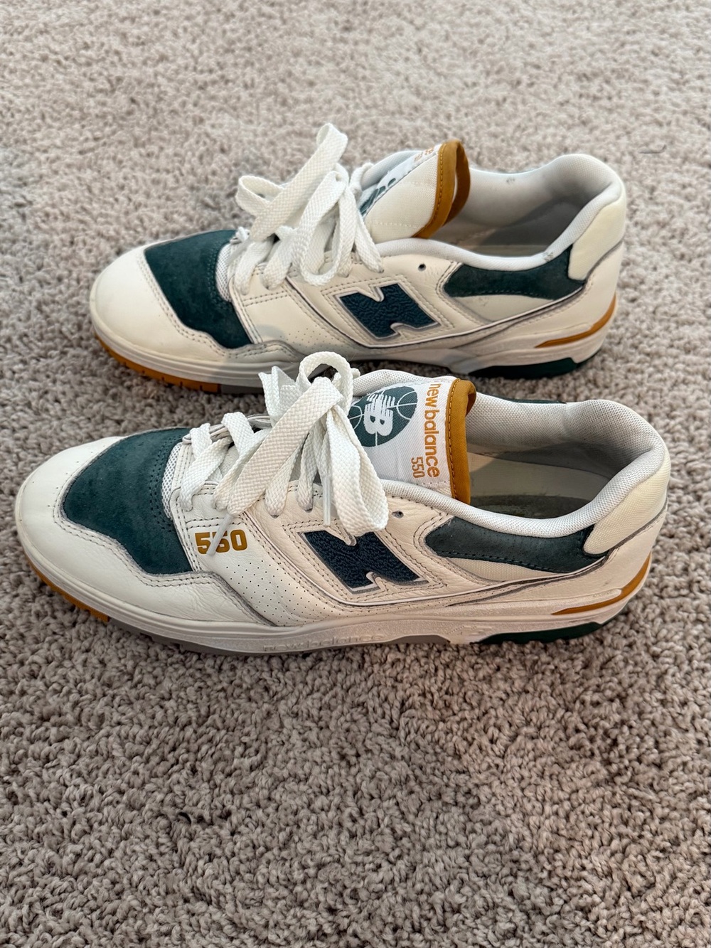 New Balance Men’s 550 White Green and Gold Accent Sneakers